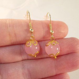 Natural 10mm Pink Jade Gemstone Bead Dangle Earrings AAA Yellow Gold Party Gift